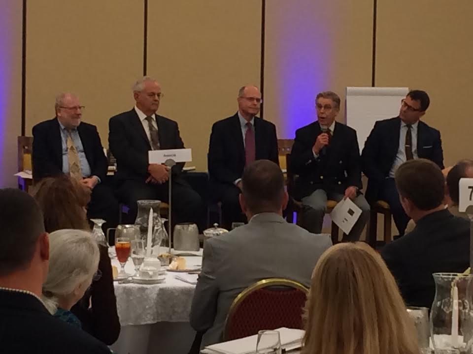 The "What Caused the Financial Crisis?" panel. Left to right: Bill Black, Rusty Cloutier, Richard Bowen, Peter Wallison, and George Selgin.