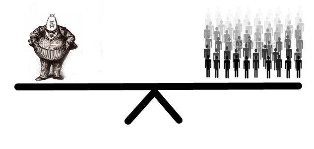 Graphic of a large man in a suite on one side of a see-saw and many smaller people balancing it on the other.