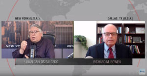 Screenshot of split-screen interview with Juan Carlos Salcedo on the left and Richard M. Bowen on the right.