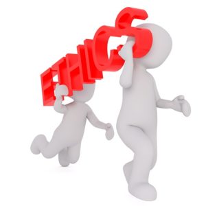Grahpic of two faceless people carrying the word Ethics, with the rear person hanging from the word.