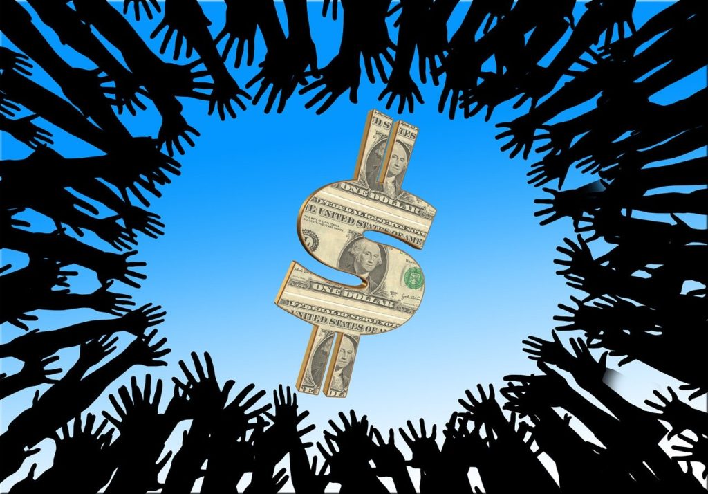 Graphic of hands reaching inward around the frame toward a U.S. dollar symbol.