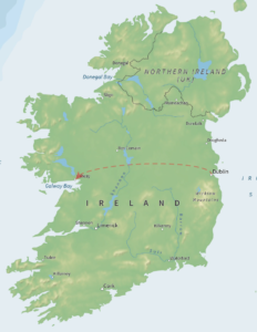 Map of Ireland with a dashed line from Dublin to Galway.