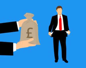 Graphic of one person holding a bag of money out to another turning his pockets out.